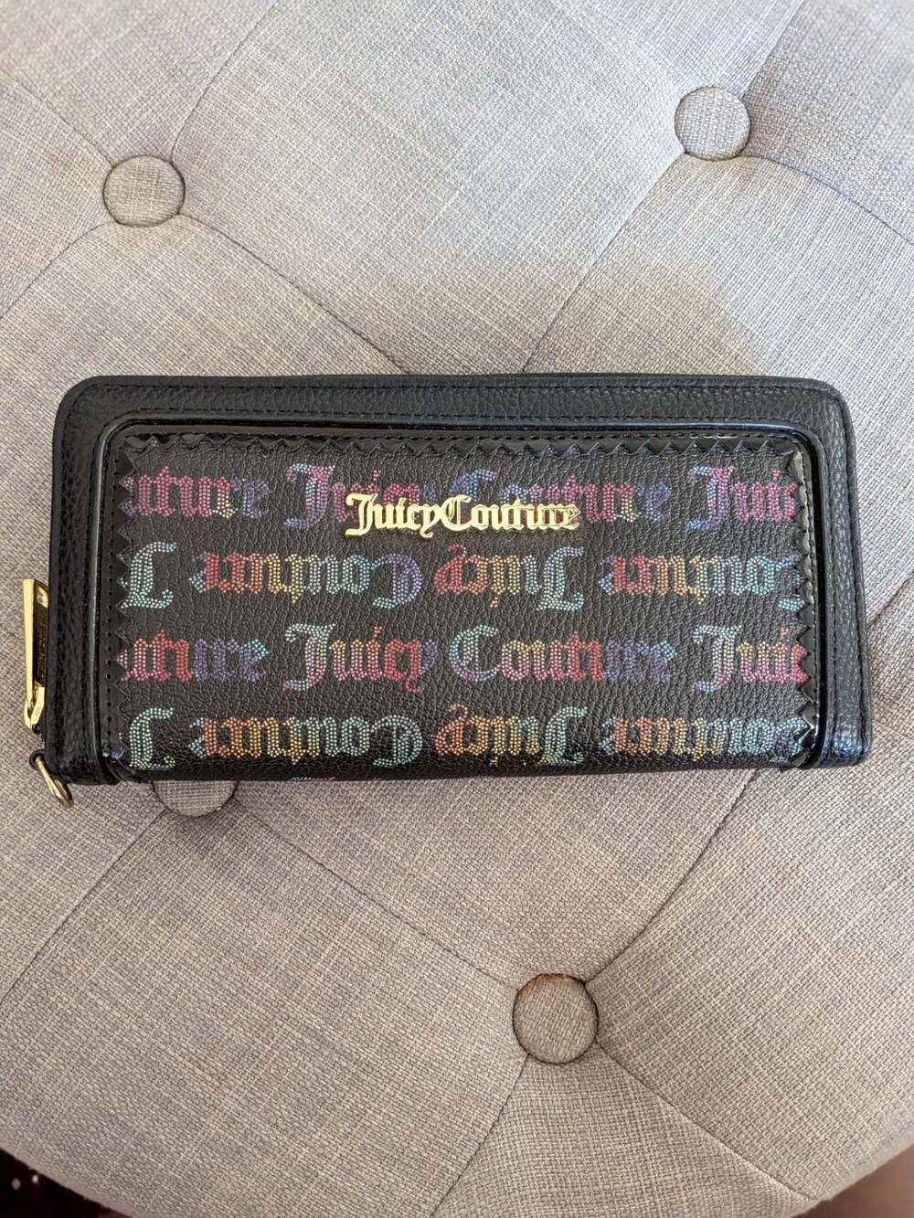 Juicy Couture Black Multi-Color Script Logo Zip Around Wallet